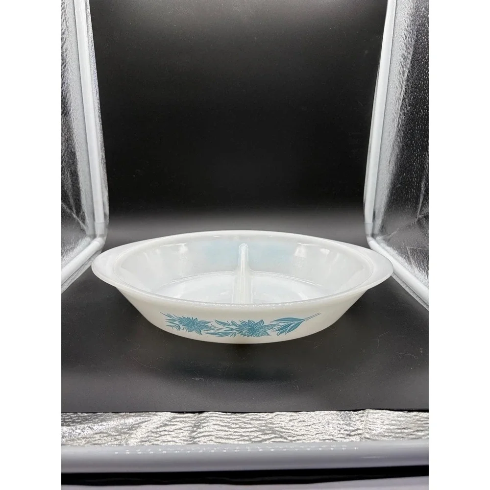 Vintage Glassbake Blue Thistle Divided Serving Dish‎